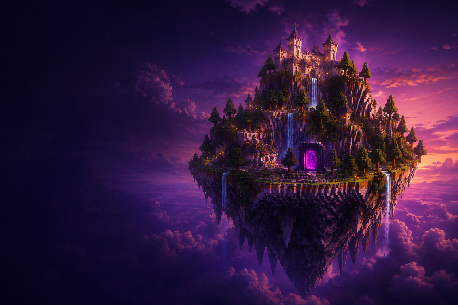 Ilustração de uma ilha de blocos flutuante, com castelo, florestas e um portal violeta